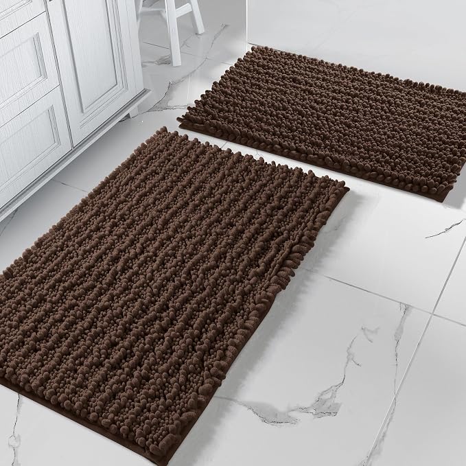 Yimobra Bathroom Rugs Sets 2 Piece - Quick Dry Extra Thick Luxury Chenille Bath Mat, Non Slip Super Absorbent for Tub Shower Sink, Machine Washable Shaggy Floor Mat, 32"x20"+24"x17" Inch, Brown