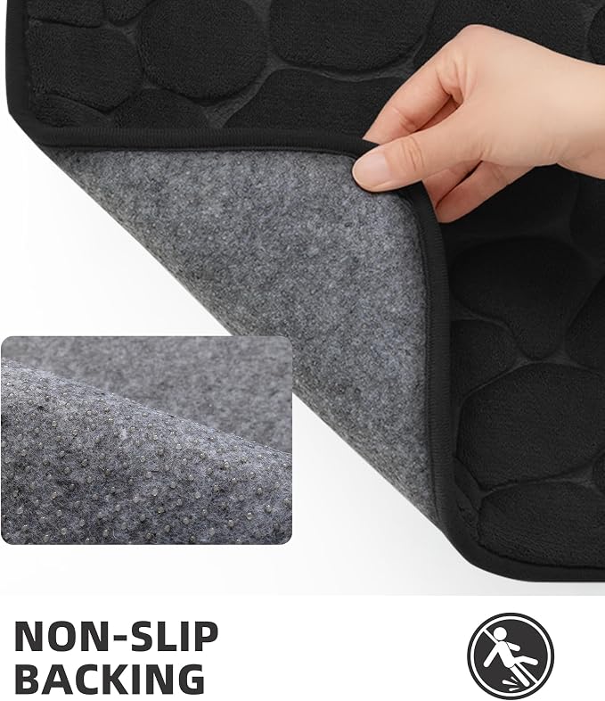 YIHOUSE Memory Foam Runner Rug, Cobblestone Bathroom Runner Rugs Super Water Absorbent Bath Mats for Bathroom Machine Washable Bath Rugs for Hallway Bedroom Laundry Room(20 x 47,Black)