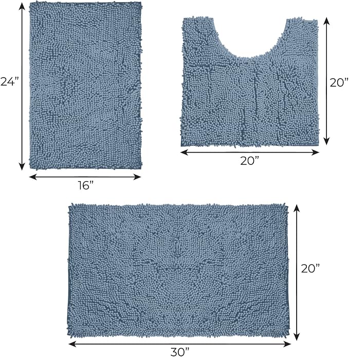 LuxUrux 3-Piece Bathroom Rug Set – Plush Chenille Bath Mats & U-Shaped Toilet Mat, Ultra-Soft, Absorbent & Non-Slip (20x20 U, 16x24 & 20x30 inches, Sky Blue)