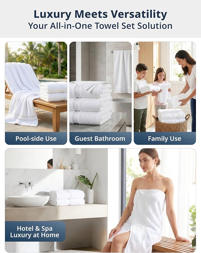LANE LINEN Large Bath Towel Set Absorbent Quick Dry 100% Cotton - White | Bath Towels Set Of 4 - Fade-Resistant Color, Classic Terry Weave, Densely Woven, Coordinated Colors, Dobby Border Accent