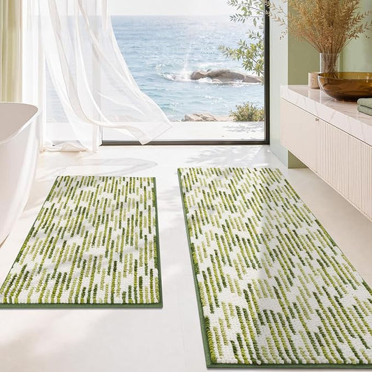 BSICPRO Bathroom Rugs Sets 2 Piece, Modern Bath Mat 20"x47"+20"x32", Sage | Loop Pile Chenille, Non Slip TPR Rubber Backing, Abstract Stripe, Soft Thick Absorbent Washable, Runner Rug for Bathroom