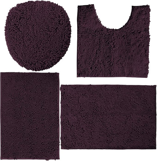 LuxUrux Bathroom Rugs Sets 4 Piece - Non-Slip Shaggy Chenille Mat Set - Includes U-Shaped Contour Toilet Mat, Lid Cover, 20x30'' and 16x24'' Bath Mat - Plum