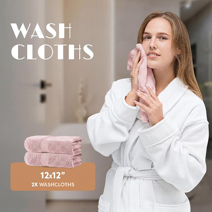 White Classic Pink Bath Towel Set of 6-100% Cotton Highly Absorbent Towels for Bathroom, 2 Luxury Bath Towels 650GSM, 2 Hand Towels, 2 Washcloths