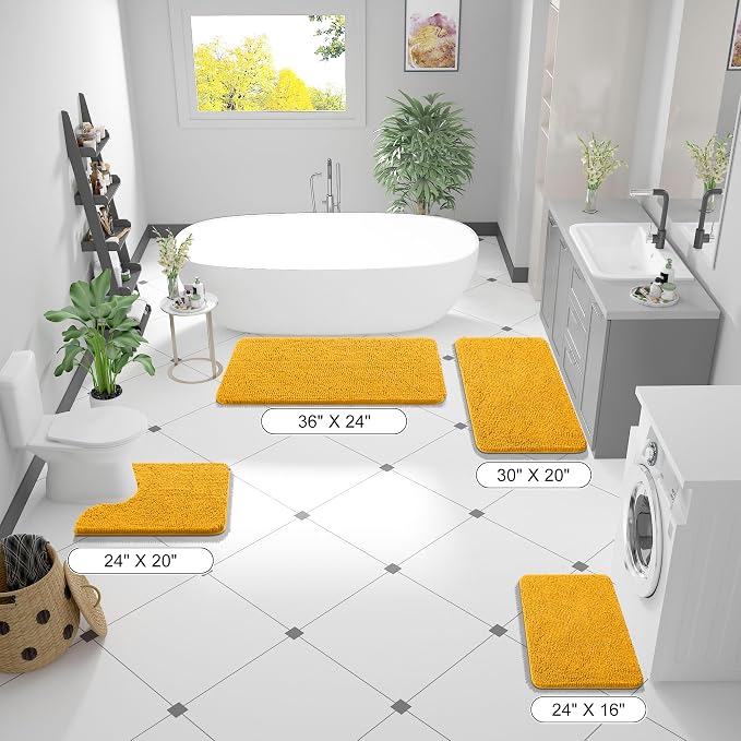 OLANLY Bathroom Runner Rugs 44x24, Soft Absorbent Chenille Bath Rugs, Rubber Backing Quick Dry, Machine Washable Long Bath Mats for Bathroom, Tub and Shower, Home Decor Accessories, Golden Yellow | Golden Yellow, Quick-Drying Rubber Backing, Washable L...