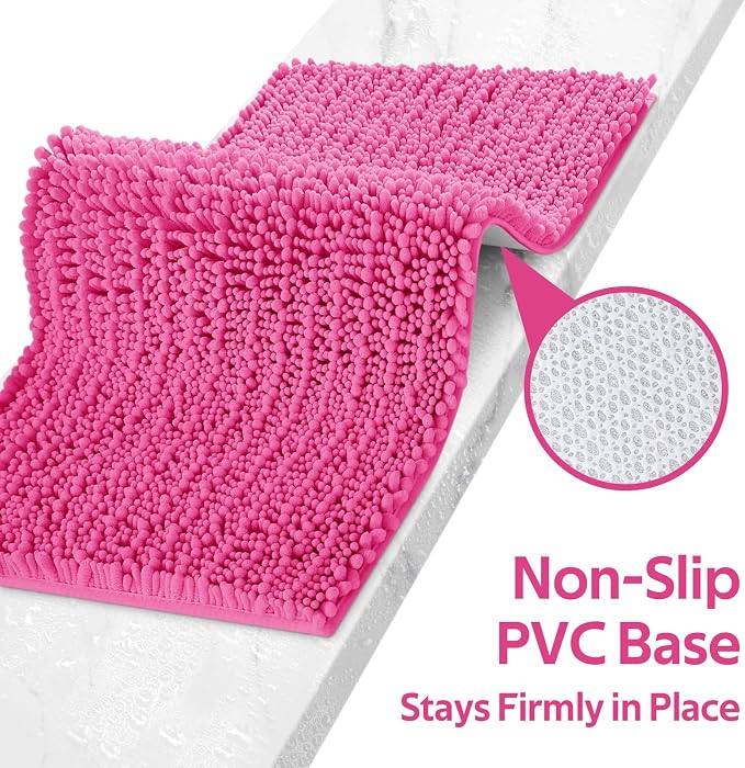 ACCUMTEK Upgrade Extra Large Shiny Pink Bathroom Rug Set 3 Pieces Ultra Soft, Thick Absorbent Bath Mats, Non Slip Chenille Toilet Mat for Bathroom, Bedroom, Kitchen