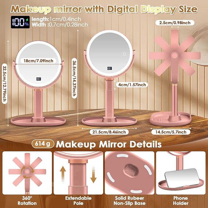MIYADIVA Travel Makeup Mirror with Lights, Height Adjustable 30X/1X Double-Sided Magnifying Mirror, Portable Vanity Mirror with Digital Display & Phone Holder, Handheld Tabletop, Soft Rose Gold