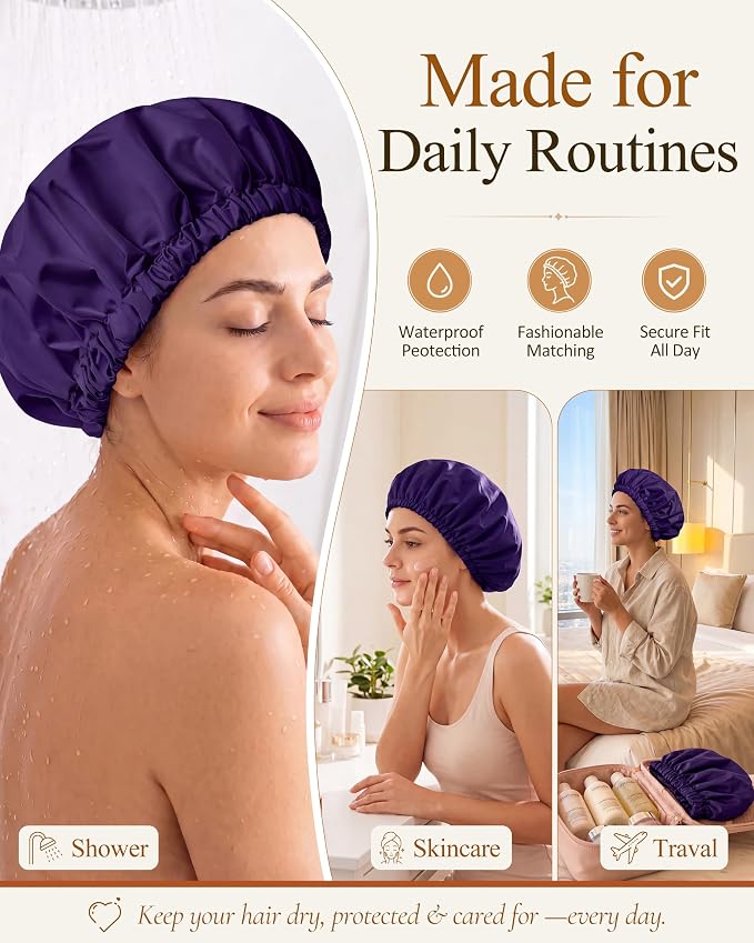 Edoneery Shower Caps for Women Reusable Waterproof, Shower Hair Cap | Washable Bonnet, Wide Elastic Band, Large Fit, Holds Long Hair, Braids Friendly, Bath Accessories, Spa, Travel