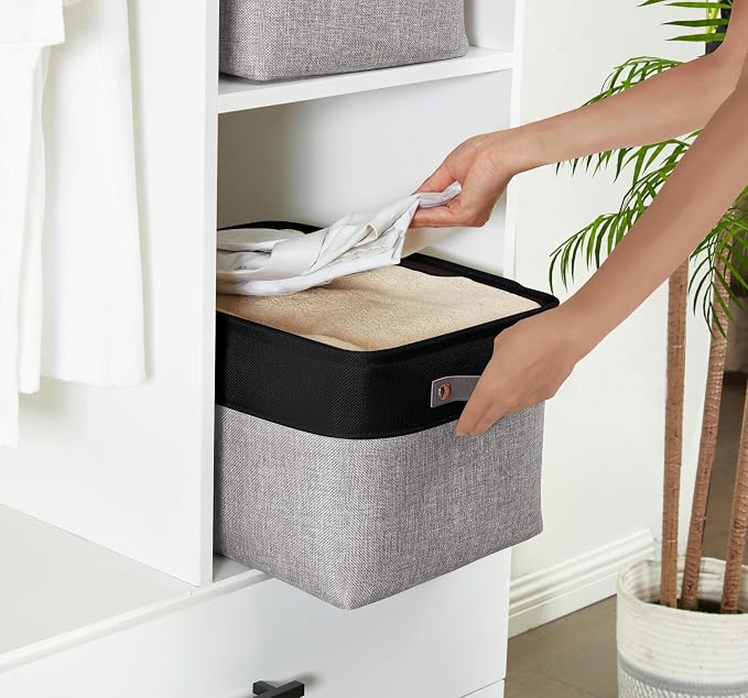 DECOMOMO Storage Bins, Large Fabric Storage Baskets for Shelves, Decorative Linen Closet Organizer, 15 x 11 x 9.5 inches (Grey & Black, 4 Pack)