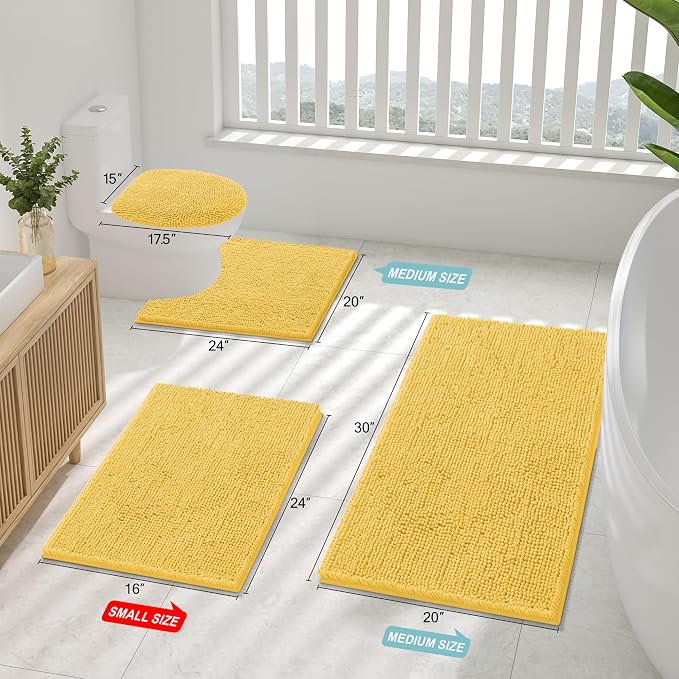 Smiry Chenille Bathroom Rugs Sets 2 Piece (30x20+24x16, Yellow | Soft Absorbent Machine Washable Non Slip Shaggy Bath Rug Set for Tub, Shower, and Floor, Home Decor