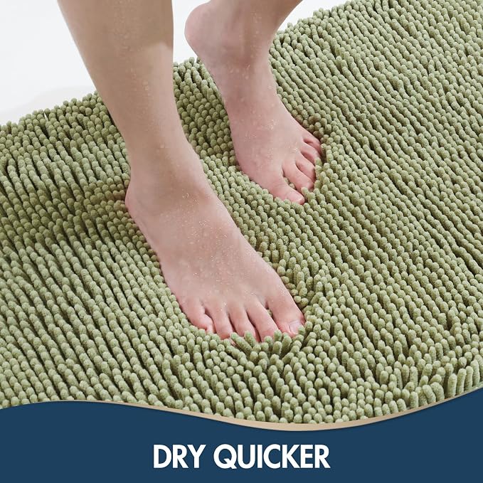 TREETONE Bathroom Rugs Sets, Thick Soft Absorbent 3 Piece Chenille Bath Rugs, Non-Slip, Dry Quickly, Machine Washable, Shaggy Mats with U-Shaped Toilet Rug for Bath Floor, Tub and Shower, Sage Green
