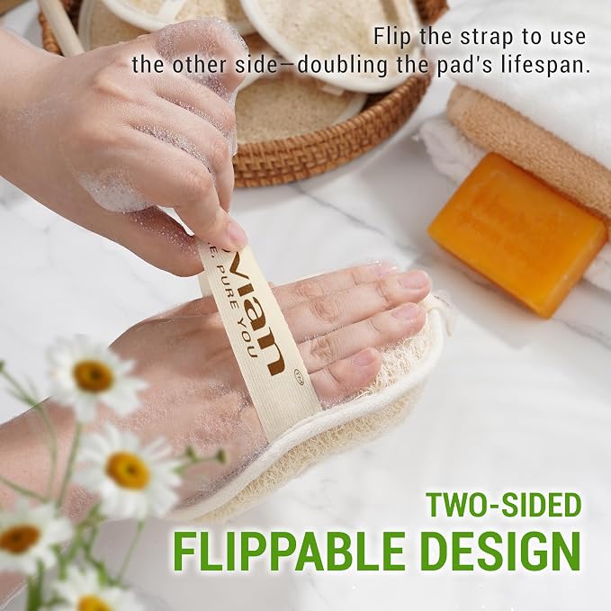 Natural Loofah Exfoliating Body Scrubber Pads for Bath and Shower | Made from 100% plant-based Vietnamese loofah to exfoliate and cleanse skin during baths and showers.