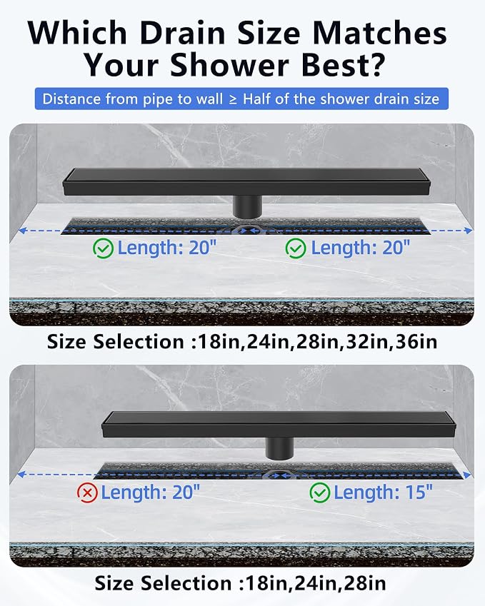 YEFU Black Linear Shower Drain for Bathroom: 48 Inch Shower Drain with Tile Insert Grate - 304 Stainless Steel Rectangle Linear Drain - 2-in-1 Matte Black Shower Floor Drain