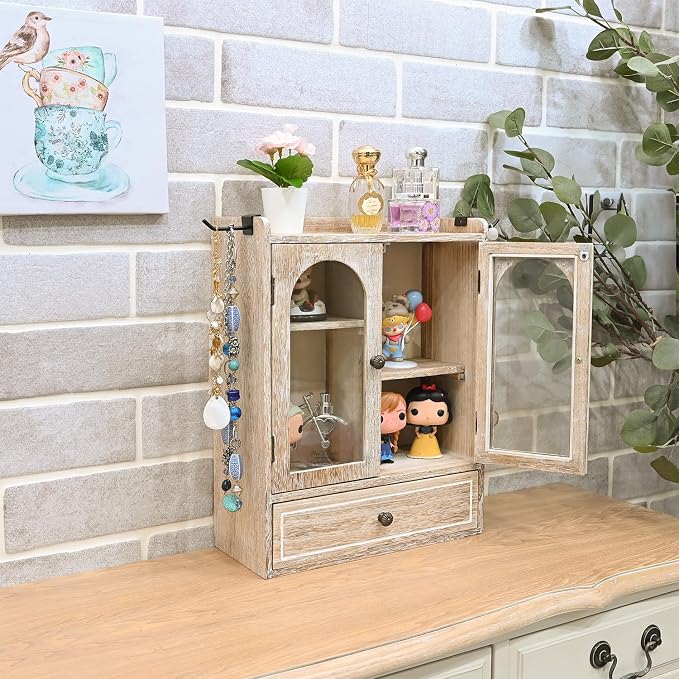 Ikee Design Wooden Countertop Storage Cabinet with Magnetic Door, Adjustable Shelves, Removable Hooks and Drawer for Perfume, Makeup, Pantry, Vintage White, 12.2 W x 6 D x 15.7 H in