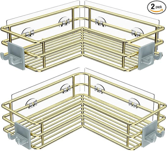 Nieifi Corner Shower Shelves Stainless Steel, Adhesive Shower Caddy Basket Rack with Hooks, Rust Proof for Bathroom Shelf Shampoo Holder (Golden, 2 Pack)