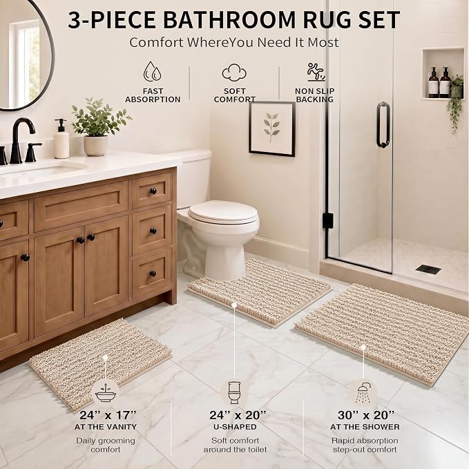 Yimobra Bathroom Rug Set 3 Piece, Super Water Absorbent Bath Mat Set, Beige | Quick Dry Soft Chenille Bath Rugs & Toilet Rug, Non Slip Machine Washable, Extra Thick Shaggy Floor Mat for Shower Tub Sink