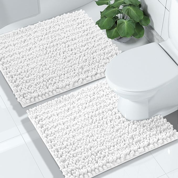 Yimobra Bathroom Rugs Sets 2 Piece - Quick Dry Extra Thick Luxury Chenille Bath Mat, Non Slip Super Absorbent for Tub Shower Sink, Machine Washable Shaggy Floor Mat, 24"x17+24"x20" Inch, White