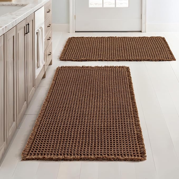 MIULEE Set of 2 Waffle Bathroom Rugs Boho Bath Mat Mocha 20x32 Inch | Non Slip, Super Absorbent, Washable, Ultra Soft, Rubber Backed Bath Rugs for Bathroom Floor Tub Shower