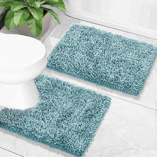 Yimobra Bathroom Rugs Sets 2 Piece, Soft Absorbent Bath Mat and U-Shaped Toilet Rug with Non Slip Backing, Luxury Shaggy Bath Mats for Bathroom, Machine Washable, 24"x17"+24"x20", Grayish Blue