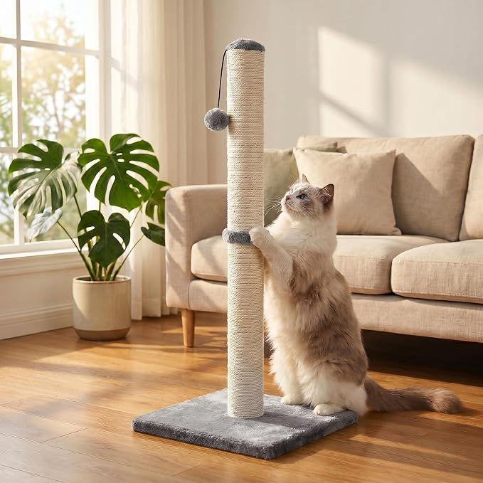 Dimaka 29" Height Tall Cat Scratching Post, Claw Scratcher with Sisal Rope and Covered with Soft Smooth Plush, Vertical Scratch [Full Strectch] for Standard Size Cats(Grey, 29 inches for All Cats)