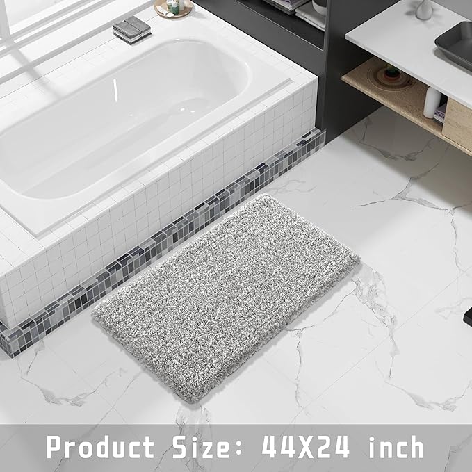 Yimobra Luxury Bathroom Rugs, Fluffy Bath Mats, Non Slip, Water Absorbent Microfiber, Machine Washable, Plush Carpet Shower Rugs, Thick Matts for Bathroom Floor&Tub, 44" X 24", Light Gray and White