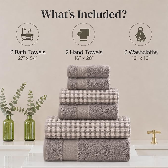 Modern Threads 6 Piece Cotton Bath Towel Set – Ultra Soft 600 GSM Towels – Bathroom Set with Hand Towels and Washcloths – Waffle (Classic Taupe)