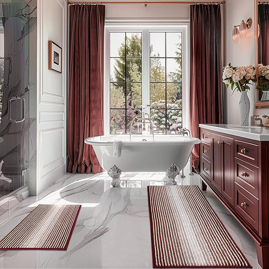 Bathroom Rugs Sets 2 Piece, Non Slip Striped Bath Mat, Burgundy Red | 20"x47" Plus 20"x32", Soft Absorbent Chenille, Quick Dry Machine Washable, Shower Rug for Bathroom Floor, Tub, Bedroom Decor