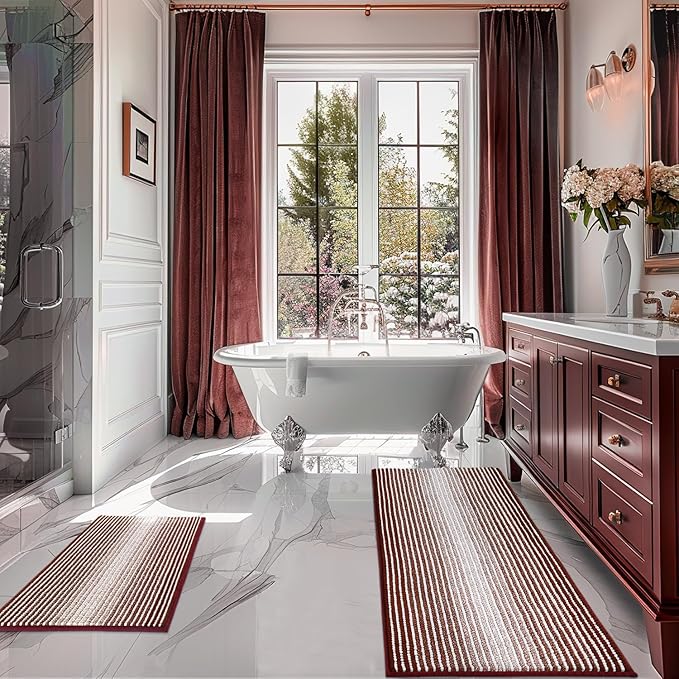 Bathroom Rugs Sets 2 Piece, Non Slip Striped Bath Mat, Burgundy Red | 20"x47" Plus 16"x24", Soft Absorbent Chenille, Quick Dry Machine Washable, Shower Rug for Bathroom Floor, Tub, Bedroom Decor