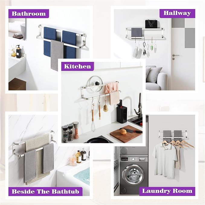 Alise Double Towel Bars for Bathroom,24 in Towel Holder Towel Racks for Bathroom Wall Mount,SUS304 Stainless Steel Double Towel Rail Towel Hanger for Walls,Brushed Nickel