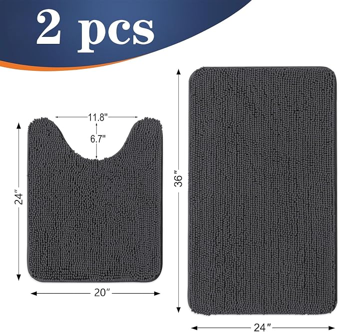 OLANLY Chenille Bathroom Rugs Mats Sets 2 Piece, 36"x24"+24"x20", Dark Grey | Soft Absorbent Bath Mat and U-Shaped Contour Toilet Rug Set, Quick Dry, Machine Washable Bath Carpet, Home Decor Accessories