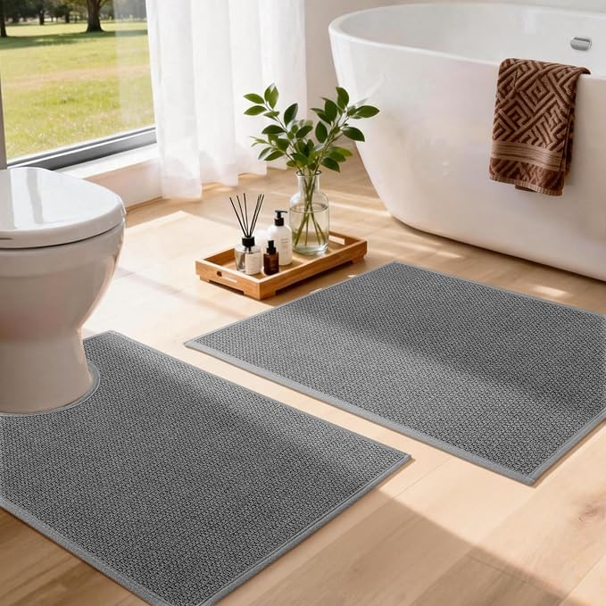 Dark Gray Bathroom Rugs with Toilet Rug, Quick Dry Thin Bath Mat Sets 2 Piece, Non Slip Absorbent Machine Washable, Bath Rugs for Tub Sink Home Decor (17"x24" + 17.5"x24" U-Shaped)