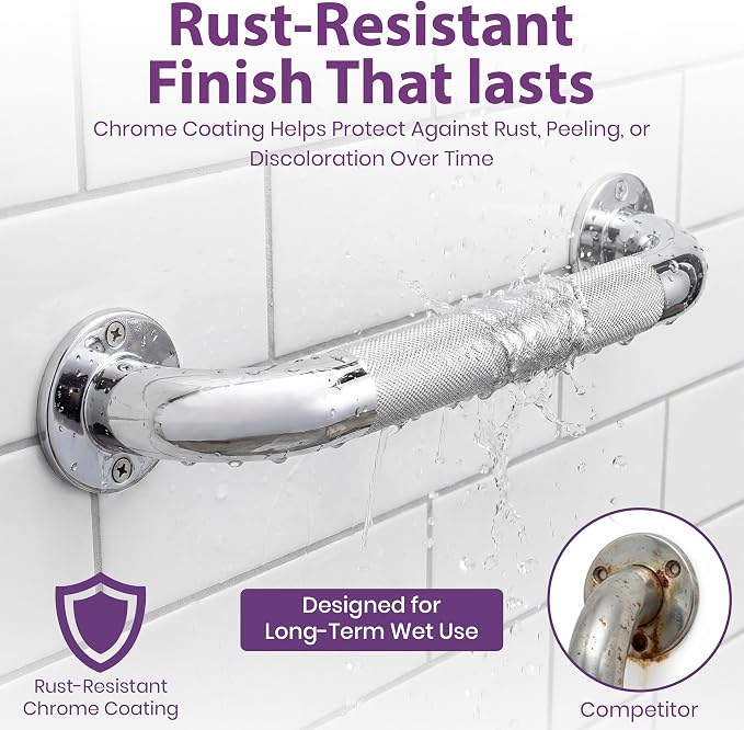 16 Inch Grab Bars for Bathtubs and Showers - Chrome Knurled Bathroom Safety Rail Handle - Non Slip Textured Grip Handicap Grab Bar for Seniors, 250 lbs Weight Support Capacity