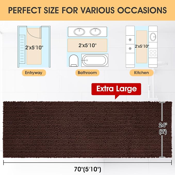 ACCUMTEK Extra Long Upgrade Luxury Brown Bathroom Rug Mat 70"x24", Ultra Soft Thick Absorbent Bath Mats, Non Slip Chenille Toilet Mat for Bathroom, Bedroom, Kitchen, Shower, Tub