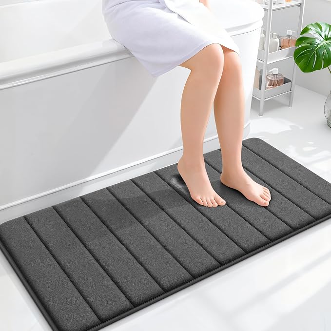 OLANLY Memory Foam Long Bathroom Rugs Runner 44x20, Super Soft Absorbent | Black, Quick Dry Bath Mat, Machine Washable Shower Floor Rugs, Bathmat Carpet for Bathroom Floor, Tub and Shower