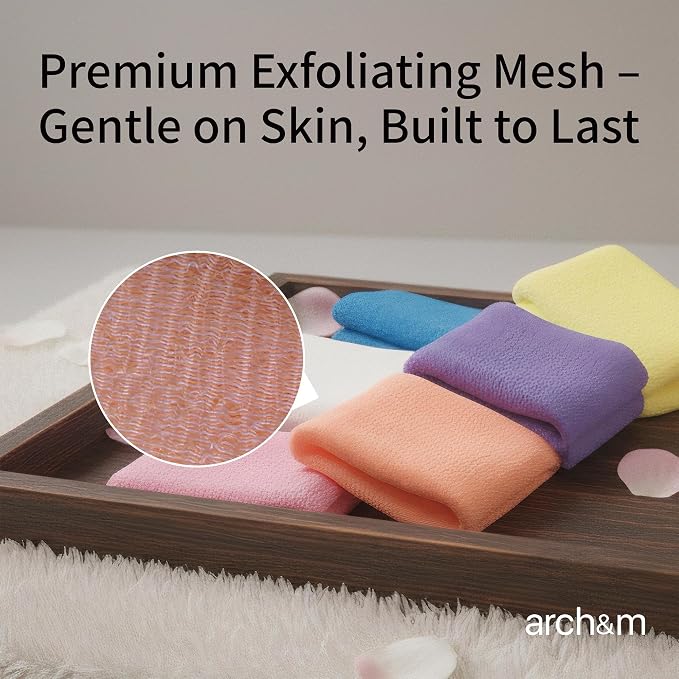 ARCH&M 12-Pack Premium Nylon Exfoliating Washcloth Towel - 35-Inch Quick-Dry, Hygienic Japanese Washcloth for Body & Back - Durable, Machine Washable, Long-Lasting