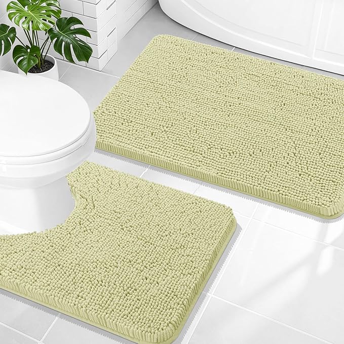 OLANLY Chenille Bathroom Rugs Mats Sets 2 Piece, 30"x20"+24"x20", Vanilla | Soft Absorbent Bath Mat and U-Shaped Contour Toilet Rug Set, Quick Dry, Machine Washable Bath Carpet, Home Decor Accessories