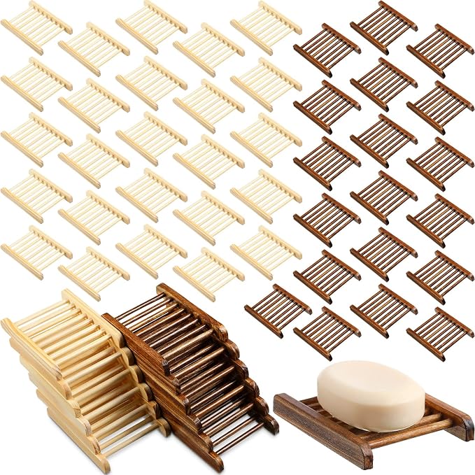 Sawysine 50 Pcs Home Bamboo Wood Soap Holder Bulk Bathroom Wooden Soap Dish Tray Saver 4.72 x 3.35 x 0.7 Inch Hand Craft Bathtub Self Draining Dish for Bar Kitchen(Charcoal and Wood Color)