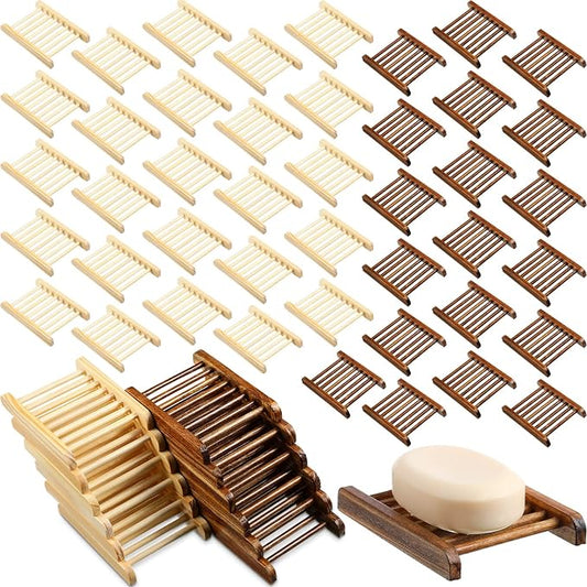Sawysine 50 Pcs Home Bamboo Wood Soap Holder Bulk Bathroom Wooden Soap Dish Tray Saver 4.72 x 3.35 x 0.7 Inch Hand Craft Bathtub Self Draining Dish for Bar Kitchen(Charcoal and Wood Color)