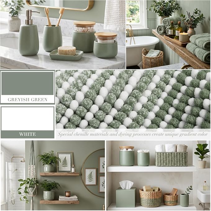 BSICPRO Bathroom Rugs Sets 2 Piece, Non Slip Bath Mats, Greyish Green | 24"x70" Plus 20"x32", Soft Absorbent Striped Chenille, Quick Dry Machine Washable, Shower Rug for Bathroom Bedroom Décor