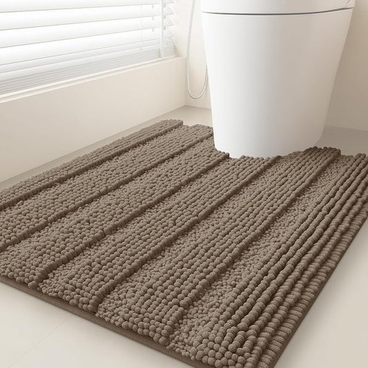 ACCUMTEK Striped Dark Beige Toilet Bathroom Rug Mat 24" x 20" Contour Rug Ultra Soft, Non Slip Chenille Bath Rugs, Absorbent Plush Shaggy Bath Mats for Bathroom, Bedroom, Kitchen, Shower, Tub,Taupe