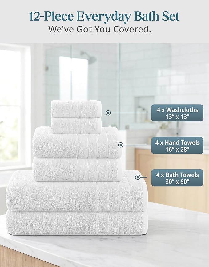Casa Platino Bath Towel Set 100% Cotton 12 Piece Soft Absorbent - White | Bathroom Towels - Generously Sized, Oversized & Roomy, Lightweight & Breathable, Fade-Resistant Color, Classic Terry Weave