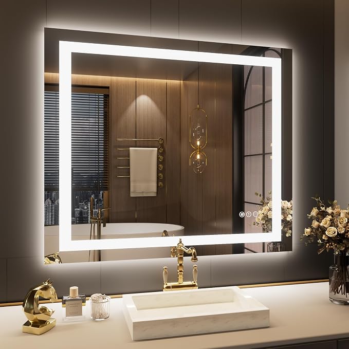 LOAAO 40"X34" LED Bathroom Mirror with Lights, UL Listed | Anti-Fog, Dimmable, 3 Color Temperature, Backlit + Front Lit, Memory Function, Tempered Glass