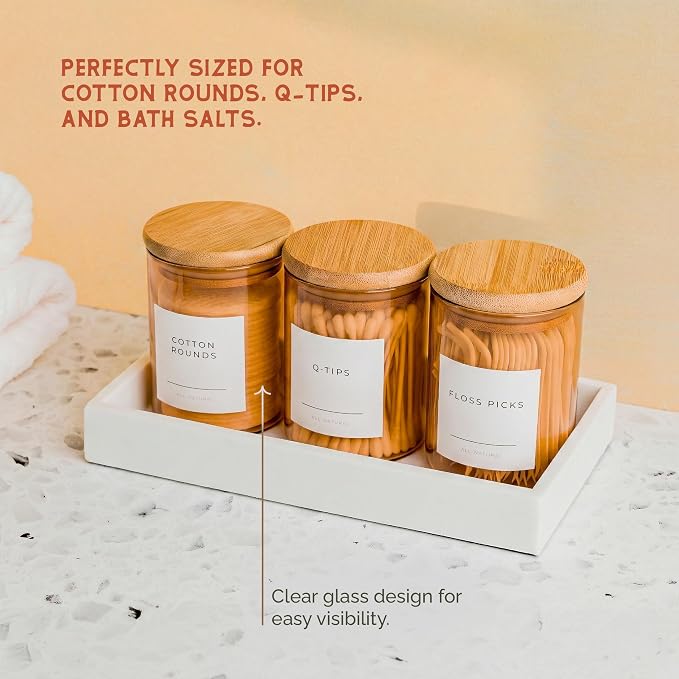 Mini Glass Apothecary Jars with Bamboo Lids, Small Bathroom and Kitchen Storage Containers, For Cotton Balls, Pads and Swabs, 10 oz, Set of 3 (Amber)