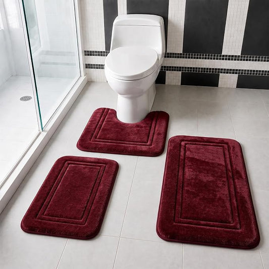3 Piece Bath Rug Set Memory Foam Non-Slip, Bordered Toilet Rug, Burgundy | Christmas & Holiday Decor — Rich Burgundy bordered bath mats, absorbent and washable, with a U-shaped toilet mat.