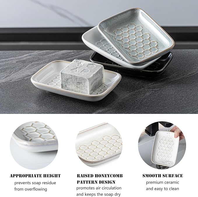 Gomakren Soap Dish for Shower, Ceramic Bar Soap Holder with Honeycomb Design, Soap Saver Tray for Bathroom Kitchen Sink, Sponge & Organizer Tray, Upscale Look, 5.5 Inch, Beige
