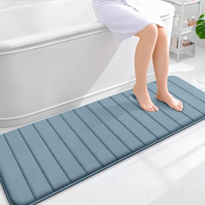 OLANLY Memory Foam Long Bathroom Rugs Runner 59x20, Super Soft Absorbent | Airy Blue, Quick Dry Bath Mat, Machine Washable Shower Floor Rugs, Bathmat Carpet for Bathroom Floor, Tub and Shower