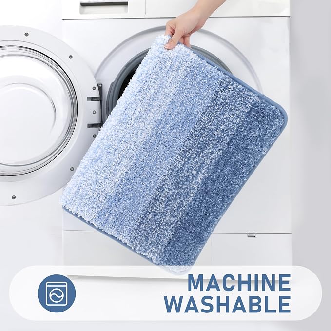 Bsmathom Bathroom Rug Set 5 Piece, Plush Microfiber Bath Mat, Light Blue | Extra Water Absorbent, Non Slip Washable Runner Bath Rugs with Toilet Lid Cover and U-shaped Contour Toilet Mat