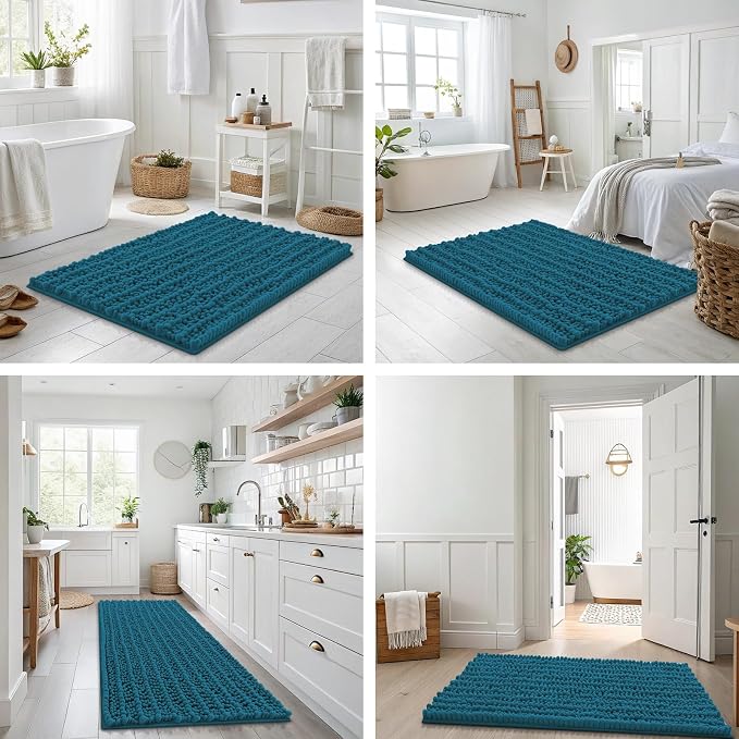 Smiry Bathroom Rugs 47X17, Extra Soft Rubber Backing Chenille Bath Mats | Peacock Blue Machine Washable Non Slip Quick Dry Bath Mats for Bathroom Floor, Tub, Shower, Home Decor Accessories