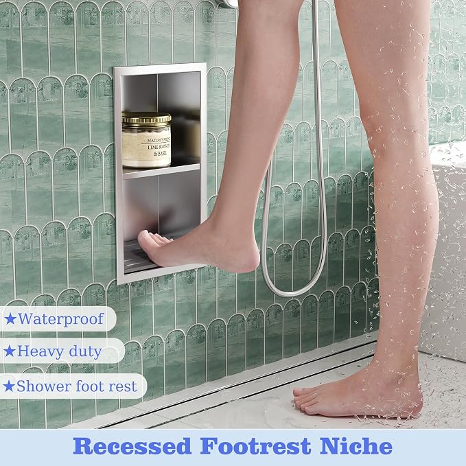 Neodrain Shower Foot Rest for Shaving Legs, 304 Stainless Steel Shower Niche, Recessed Shower Step for Shaving Legs,Niche for Shower Wall, Bathroom Foot Rest (Brushed, 12.3"x 6")