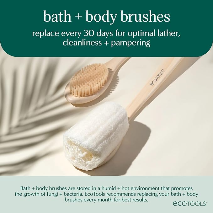 EcoTools Bath Bristle Brush, Back Scrubber for Shower with Long Handle | Smooth skin daily, body brush for showering with bamboo handle, vegan, cruelty-free, nylon bristles, back brush for shower