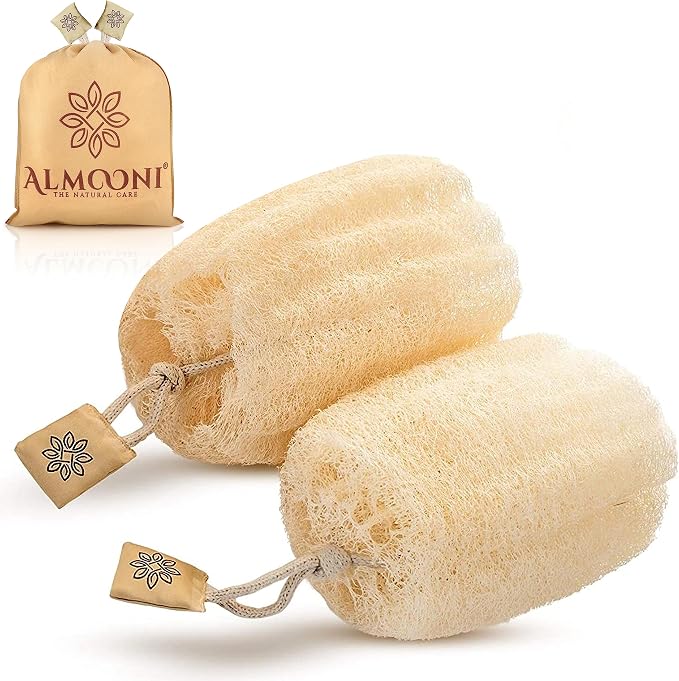 ALMOONI Natural Loofah Body Scrubber, Egyptian Loofah Sponge, 2 Count | Natural Egyptian Loofah Sponge, Round Shape Shower Sponge for Face & Body, Men & Women, Gentle Exfoliation, Large Size